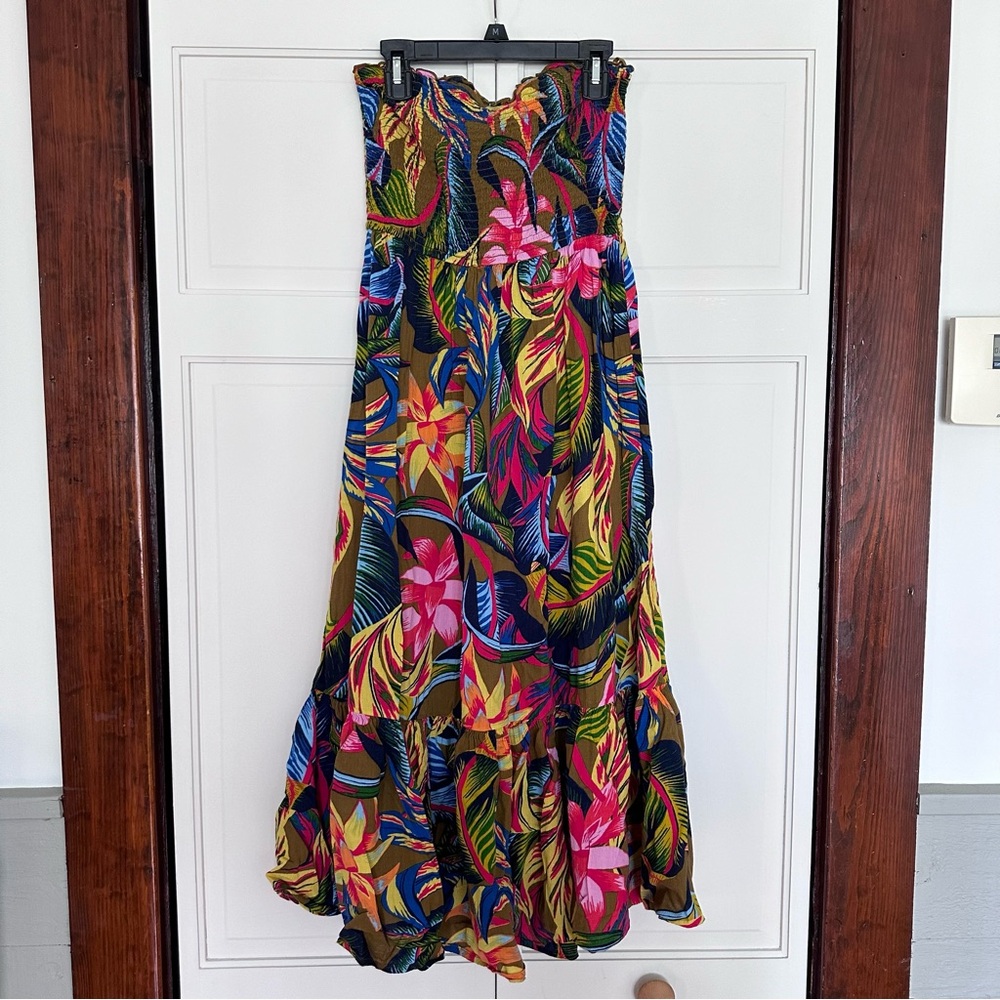 Aerie floral tropical smocked strapless midi dress size small